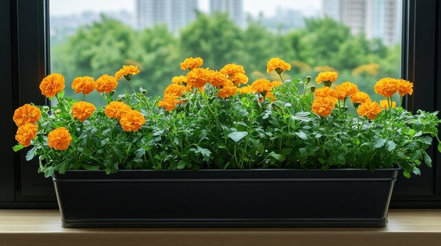 Vibrant orange marigold plants in a black window box