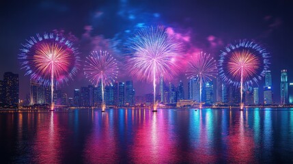 Colorful fireworks illuminate a city skyline at night, reflecting on the water below