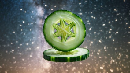 Sliced cucumber floating in space with stars and light effects, creating a surreal and whimsical atmosphere