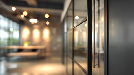 Dynamic office scene with blurred background and door modern workspace indoor perspective