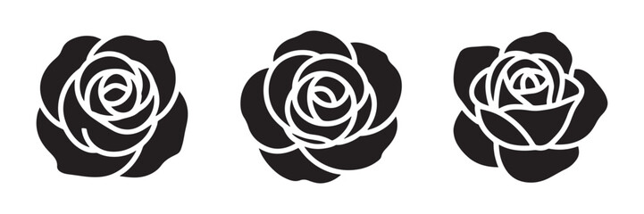 Set of black silhouettes of rose flowers vector, isolated on a white background.