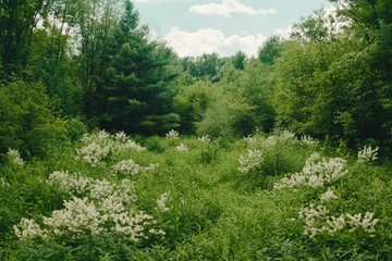 Green meadow with white flowers under a cloudy sky, surrounded by lush trees and bushes