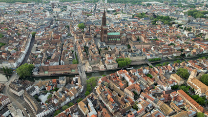 Panoramic aerial of the old town of the city Strasbourg in France on a sunny afternoon in summer
