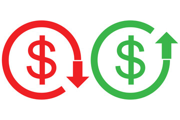 Dollar price up and down vector icon in outline style. Dollar coin graph up and down symbol. Money cost arrow growth, decline. Up and down dollar outline icon. cost reduction icon.