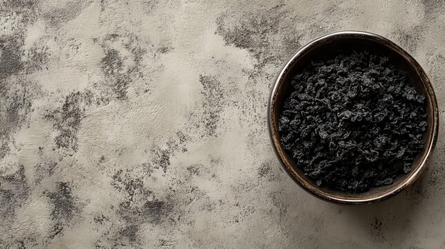 A minimalistic composition featuring a dark bowl filled with shila on a textured, neutral-toned surface