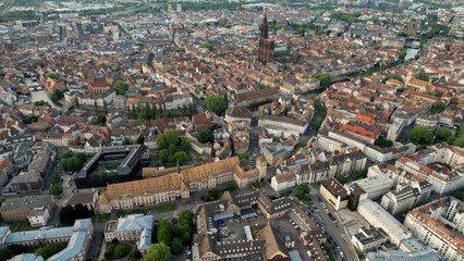 Obraz premium Panoramic aerial of the old town of the city Strasbourg in France on a sunny afternoon in summer