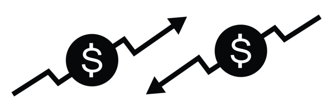Money increase or decrease icon set. dollar decrease increase symbol. Dollar coin graph up and down. Money cost arrow growth, decline. dollar cost reduction icon.