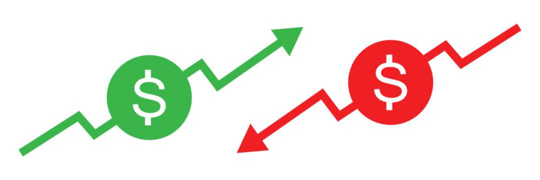 Dollar price up and down icon line style. Dollar coin graph up and down. Money cost arrow growth, decline. Dollar increase and decrease vector icons.
