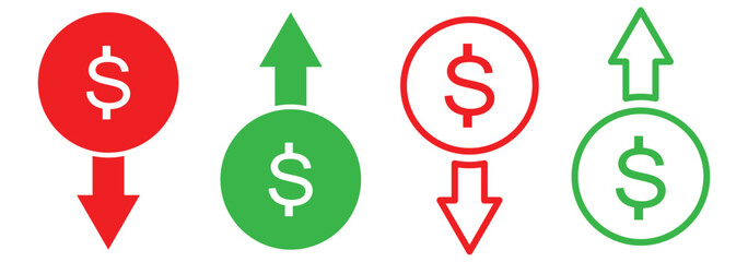 Dollar price up and down vector icon in outline style. Dollar coin graph up and down symbol. Money cost arrow growth, decline. Up and down dollar outline icon. cost reduction icon.