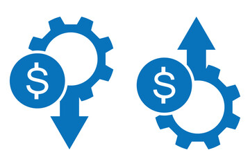Obraz premium Money increase or decrease icon set. dollar decrease increase symbol. Dollar coin graph up and down. Money cost arrow growth, decline. dollar cost reduction icon.