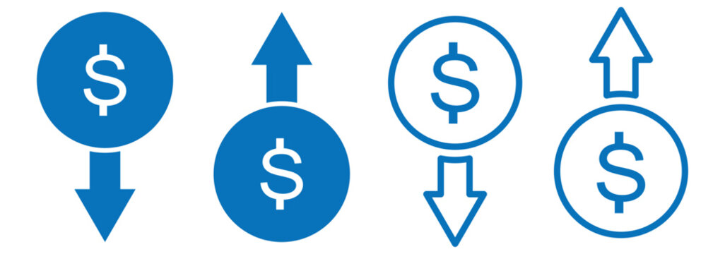 Dollar price up and down icon line style. Dollar coin graph up and down. Money cost arrow growth, decline. Dollar increase and decrease vector icons.