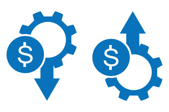 Money increase or decrease icon set. dollar decrease increase symbol. Dollar coin graph up and down. Money cost arrow growth, decline. dollar cost reduction icon.