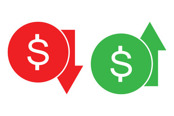 Dollar price up and down vector icon in outline style. Dollar coin graph up and down symbol. Money cost arrow growth, decline. Up and down dollar outline icon. cost reduction icon.