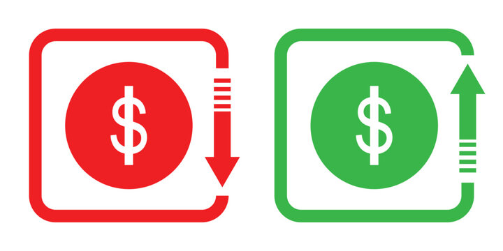 Dollar price up and down icon line style. Dollar coin graph up and down. Money cost arrow growth, decline. Dollar increase and decrease vector icons.