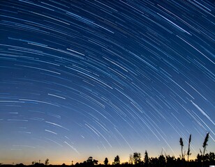 Stunning long-exposure shot capturing star trails across a twilight sky. Silhouetted trees and grasses frame the bottom. Perfect for astronomy, nature, or space themes.