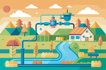 Obraz premium A detailed vector art illustration showcasing an advanced irrigation system, featuring pipes, sprinklers, and water distribution elements for agricultural landscapes.