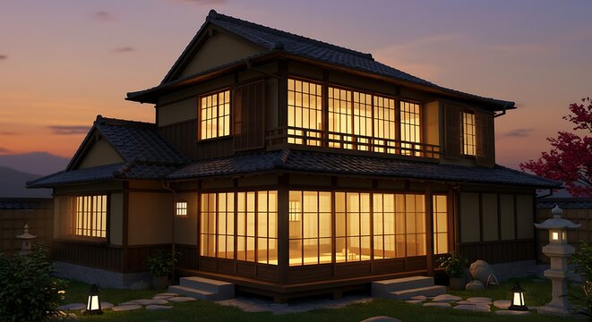 Fototapeta Japanese House at Sunset