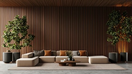 Minimalist interior beige sofa, wood panel wall, potted trees. Cozy living space design