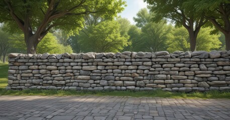 Obraz premium Stone wall poster mockup, park setting, trees, summer, shadow
