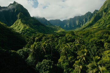 Fototapeta premium Lush green valley landscape with mountains, trees, foliage, and cloudy sky overhead