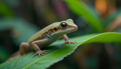 Obraz premium Lizard resting on a vibrant green leaf in a tropical rainforest during daylight