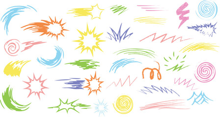 Colorful Comic Doodle Elements Vector Set  Hand-Drawn Explosions, Swirls, Scribbles, and Motion Lines, doodle sparkle vector set