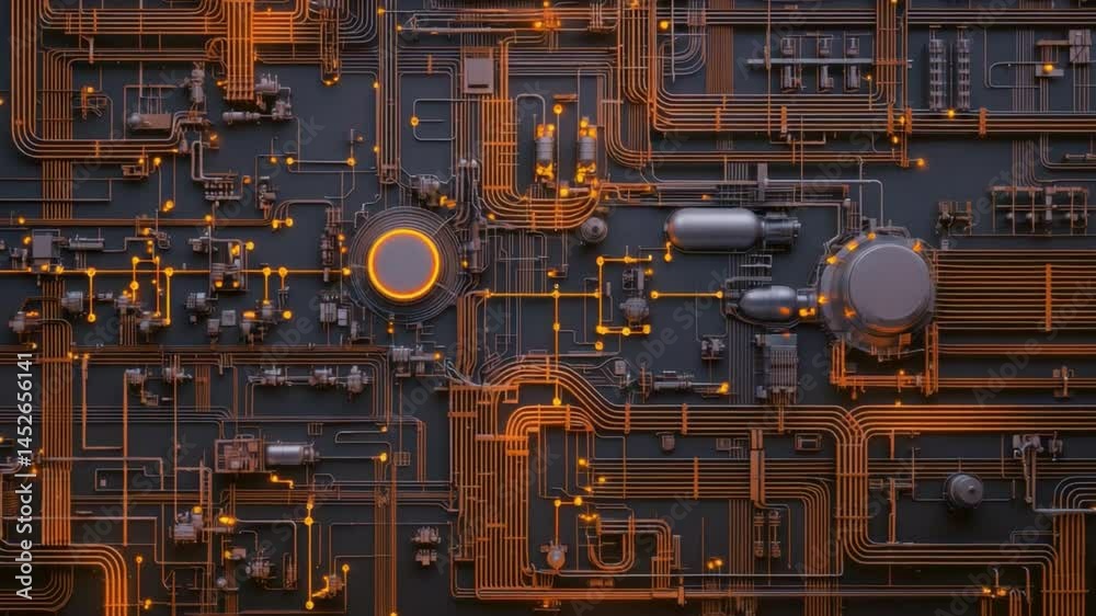 Poster intricate abstract design of circuit board with glowing lines and nodes in dark background