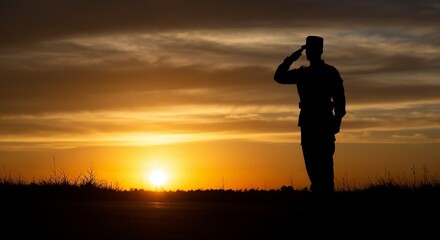 Soldier silhouette saluting at sunset, Memorial Day, copy space