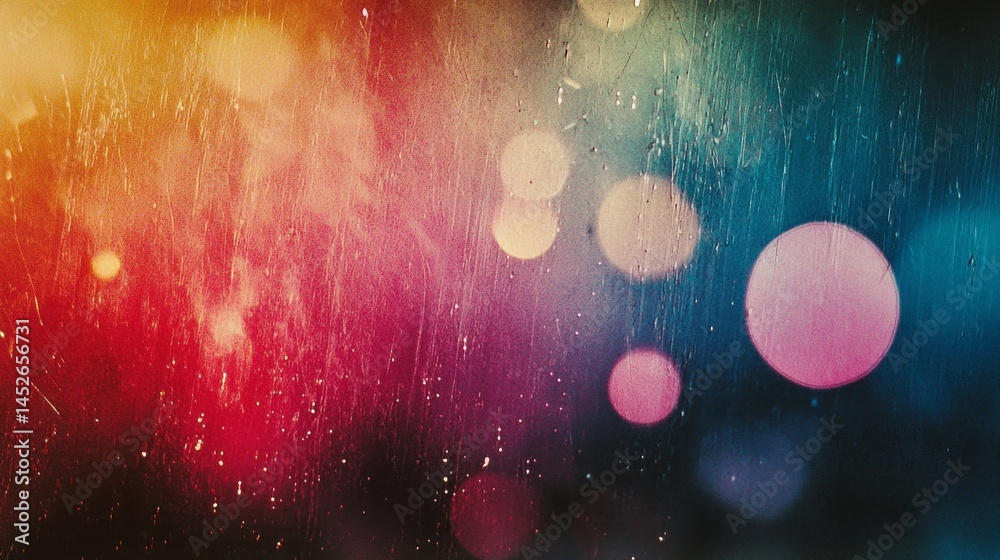 Poster bright colors blend beautifully with raindrops on a glass surface, creating an abstract visual displ
