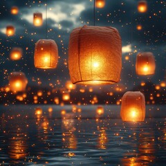 Enchanting floating lanterns mirroring in a tranquil body of water at twilight