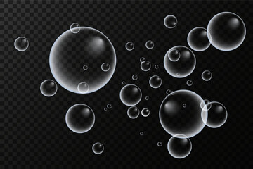 Set of colorful soap bubbles for design creation. Isolated, transparent, realistic soap bubbles on transparent background.