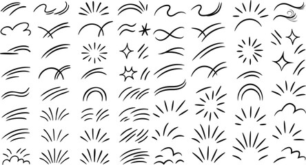 Doodle line sparkle vector set, Hand-Drawn Doodle Lines Decorative Sunbursts, Swirls, Curves, Clouds and Starburst Elements