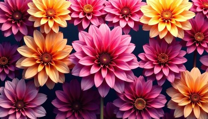 Intricate dahlia blooms, vibrant hues, repeating pattern, petals, surface, flower pattern