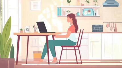 Woman at kitchen table working on laptop, creative office setting indoors
