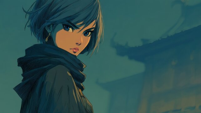 Digital illustration of a girl with teal hair and a dark scarf.