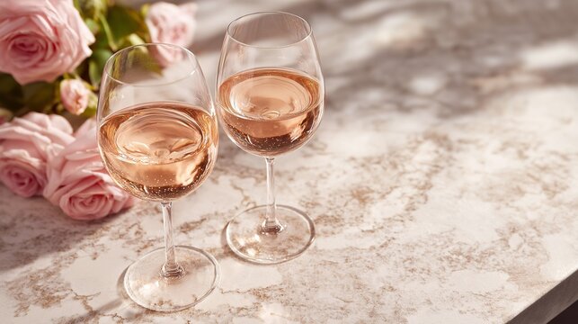 Two glasses of rose wine and pink roses on elegant marble table surface with soft shadows