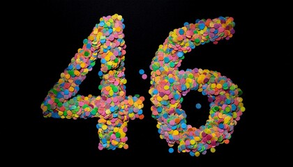 Number 46 made out of confetti with black background. Photo for forty-sixth birthday or anniversary party