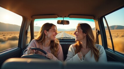 Fototapeta premium Best friends on a road trip, Driving through scenic routes, Freedom and adventure with close friends