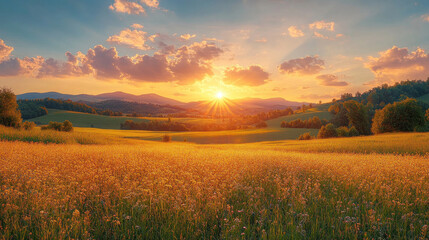 Obraz premium farmland during golden hour, with warm light across crop fields and distant hills