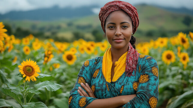 female farmer confidently running agriculture farm, standing in lush green field with digital tablet