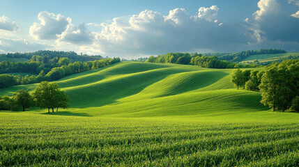 Fototapeta premium green agriculture field with rows of young crops and distant trees