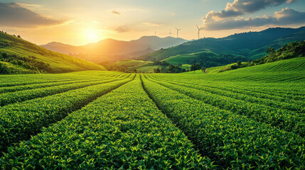 green agriculture land with wind turbines in background