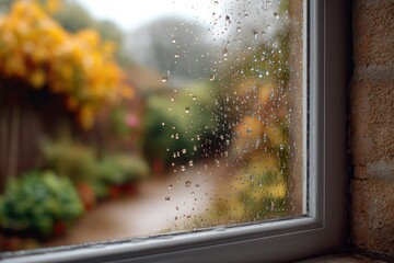 Rain Drop on Window View of Garden in Autumn
