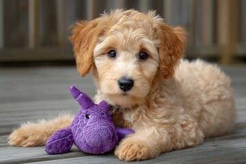 Puppy with Toy Lying on Wood Deck