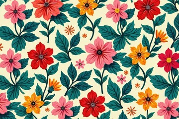 Repetitive floral motif, stylized leaves and stems , textile, background, illustration
