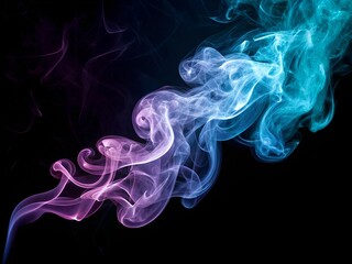 Fototapeta premium Swirling blue and purple smoke of vape on black background. A blue and purple smoke trail is shown in the air. The smoke is thick and long, and it is coming from a fire. Concept of danger and chaos