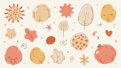Autumnal whimsical doodle illustrations for fall marketing campaigns, seasonal branding, and cozy advertising backdrops with copy space for text