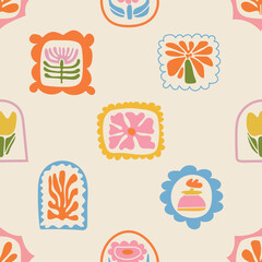 Bright seamless floral pattern in retro style. Geometric flower frame composition on a soft spring inspired background. Nature themed wallpaper design with colorful blossoms and natural texture.