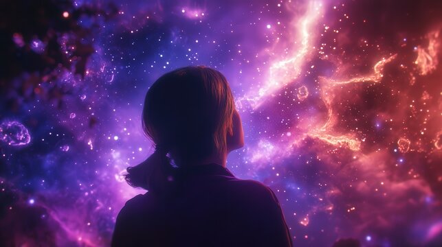 A person gazes into a cosmic wonder. The vibrant colors of the universe inspire curiosity and awe in this magical scene.