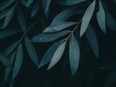 Close up of teal colored leaves with water droplets against a dark blurred background outdoors nature
